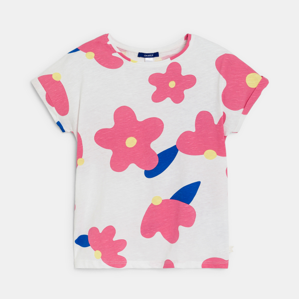 تيشيرت بأكمام قصيرة مزين برسوم، باللون الأبيض للفتيات